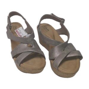 Clarks Collection Women Sandals US 11 Cork Wedge Contour Cushion Metallic NEW